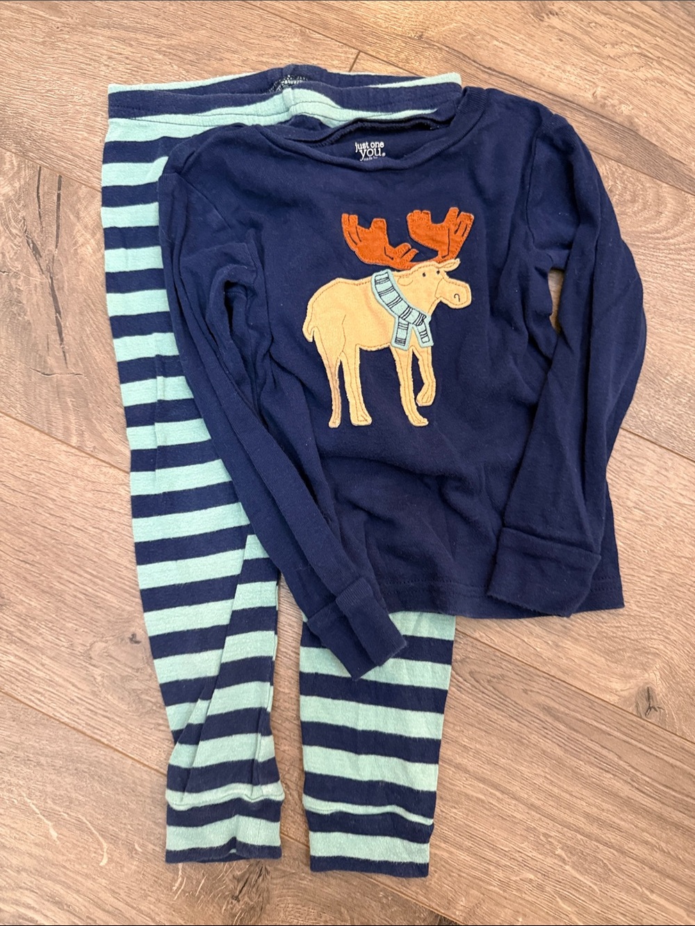 Just One You Navy Moose Appliqué Pajama Set with Striped Pants
